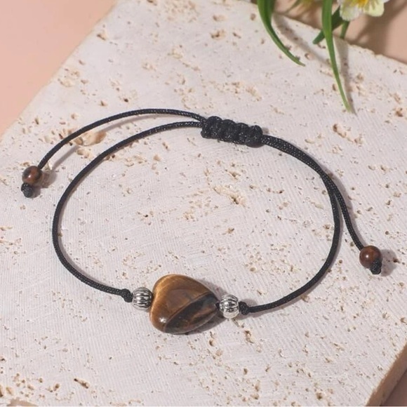 Tiger's Eye Heart Bead Bracelet Black String - Picture 3 of 7